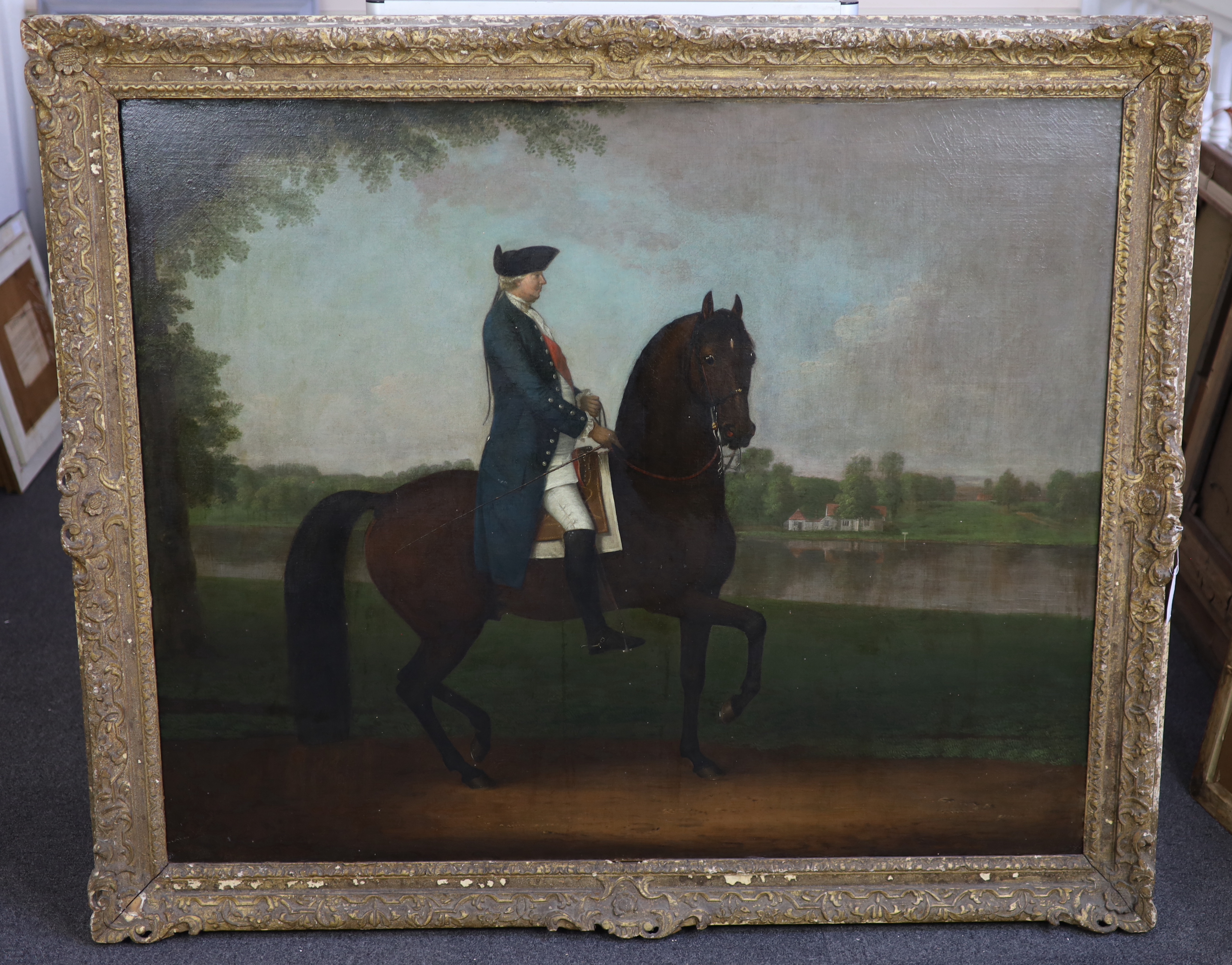 Attributed to David Morier (Anglo-Swiss, 1705-1770), Portrait of the Duke of Cumberland on horseback on a Thames towpath, oil on canvas, 100 x 122cm